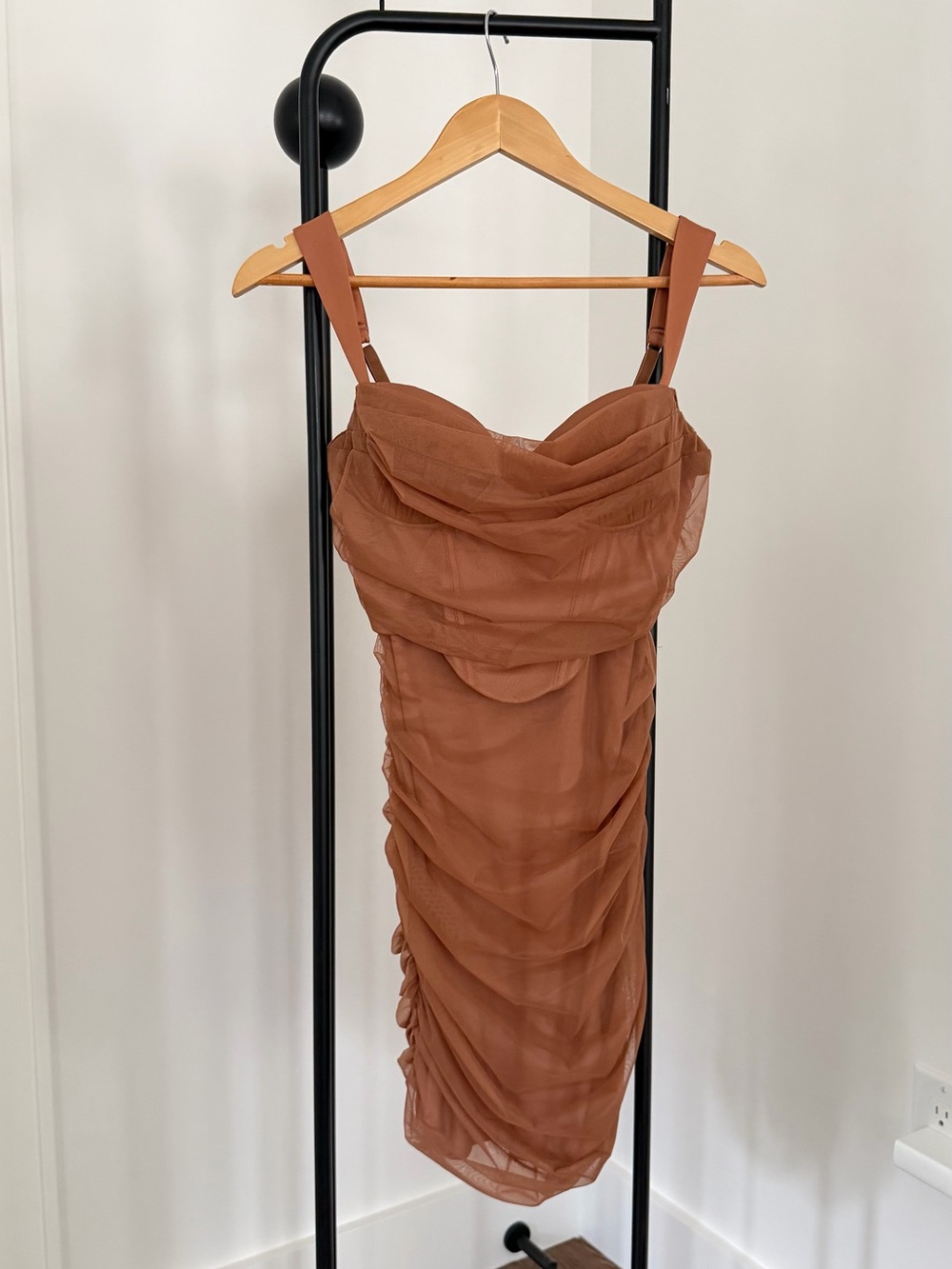 Oh Polly Rust Brown Ruched Midi Dress